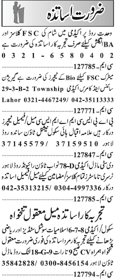 Misc. Jobs in Lahore Jang Classified 1