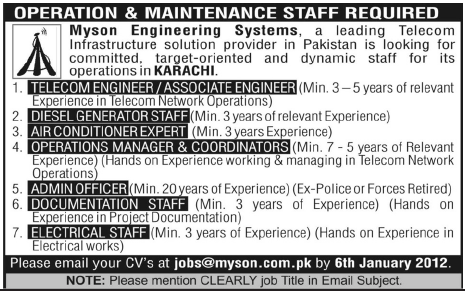 Myson Engineering Systems Karachi Required Operation & Maintenance Staff