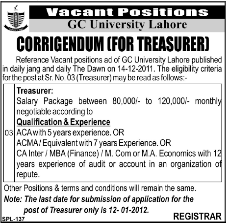 GC University Lahore Required Treasurer