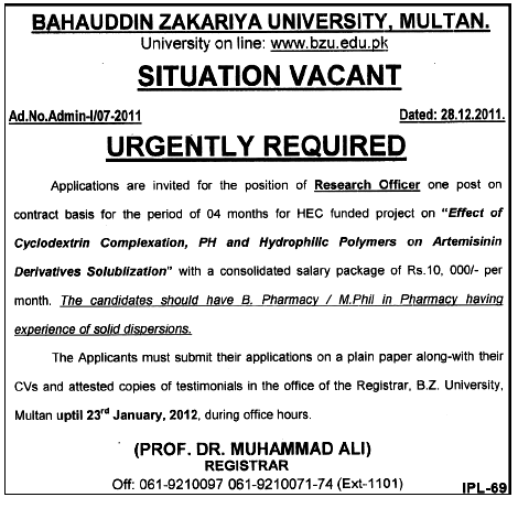 Bahauddin Zakariya University, Multan Required Research Officer