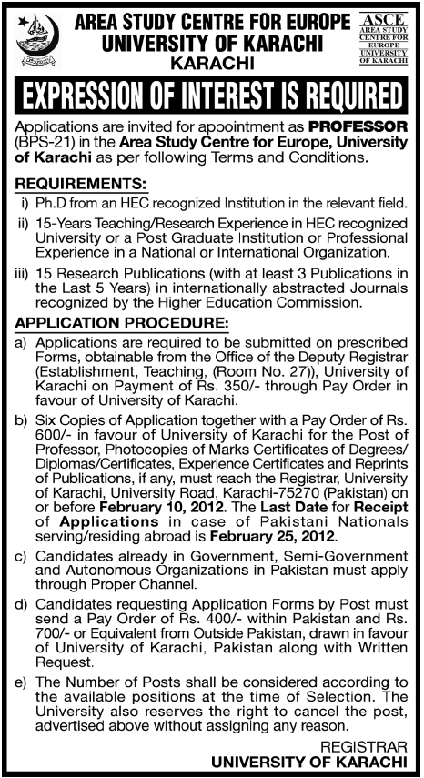 Area Study Centre for Europe, University of Karachi Required Professor