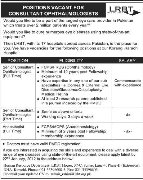 LRBT Karachi Required Staff