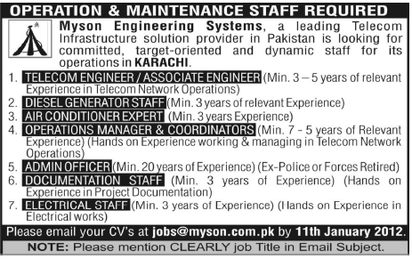 Myson Engineering Systems Karachi Required Operation & Maintenance Staff