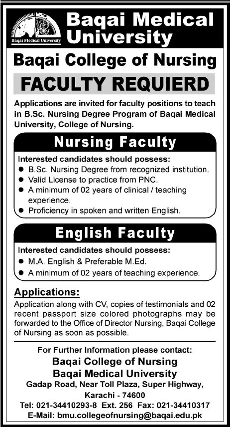 Baqai Medical University Required Faculty