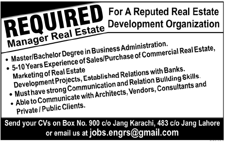 Manager Real Estate Required in Karachi