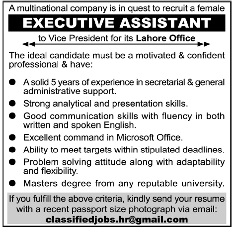 Executive Assistant Required by a Multinational Company in Lahore