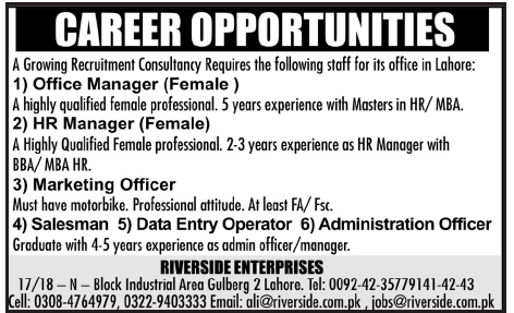 Riverside Enterprises Lahore Required Staff