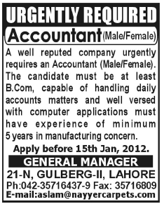 Nayyer Carpets Lahore Required Accountant