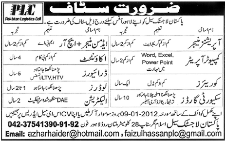 Pakistan Logistics Cell Required Staff for Lahore
