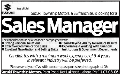 Suzuki Lahore Required Sales Manager