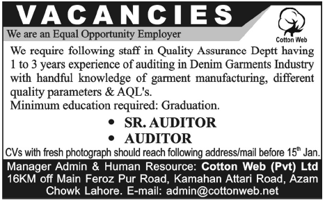 Cotton Web Pvt Ltd Lahore Required Senior Auditor and Auditor