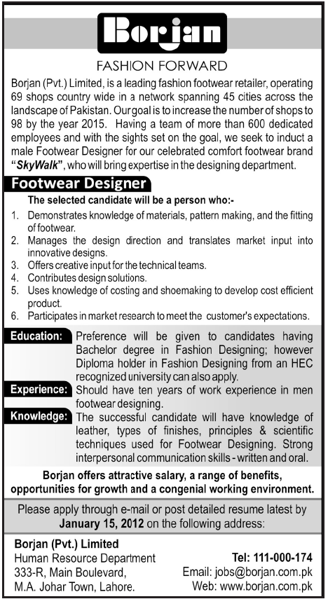 Borjan Pvt Ltd. Lahore Required Footwear Designer