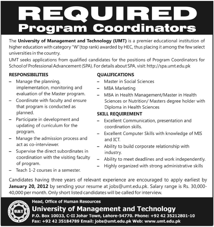The University of Management and Technology Required Program Coordinators
