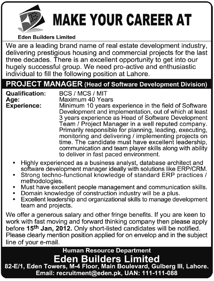 Eden Builders Limited Lahore Required the Services of Project Manager