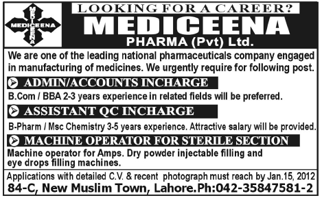 Mediceena Pharma Pvt Ltd. Lahore Jobs Opportunity