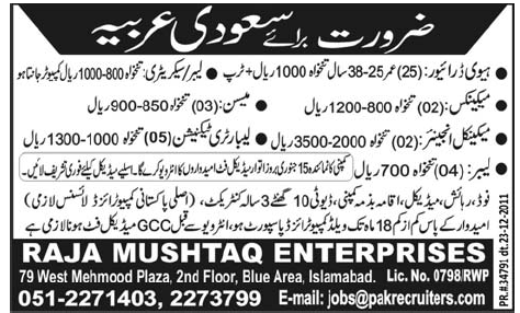 Raja Mushtaq Enterprises Required Staff for Saudi Arabia