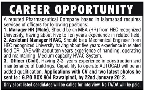 Pharmaceutical Company in Islamabad Required Staff