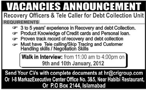 Recovery Officers and Tele Caller Required in Islamabad