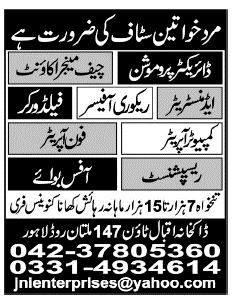 Staff (Male and Female) Required in Lahore