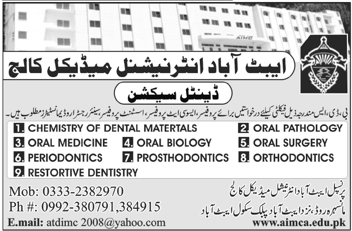 Abbottabad International Medical College Required Faculty
