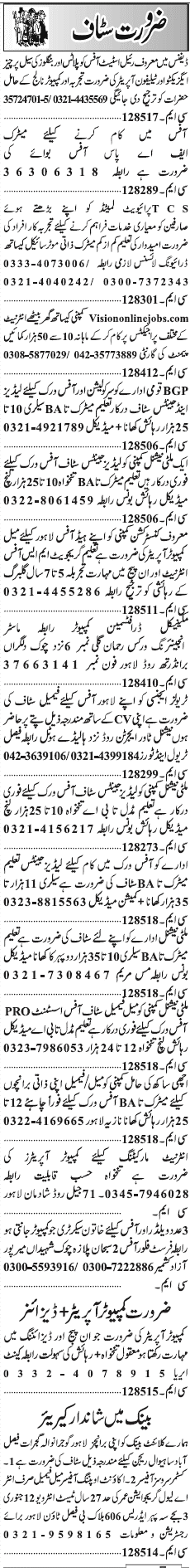 Misc. Jobs in Lahore Jang Classified 2