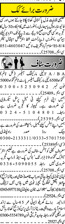 Misc. Jobs in Rawalpindi Jang Classified