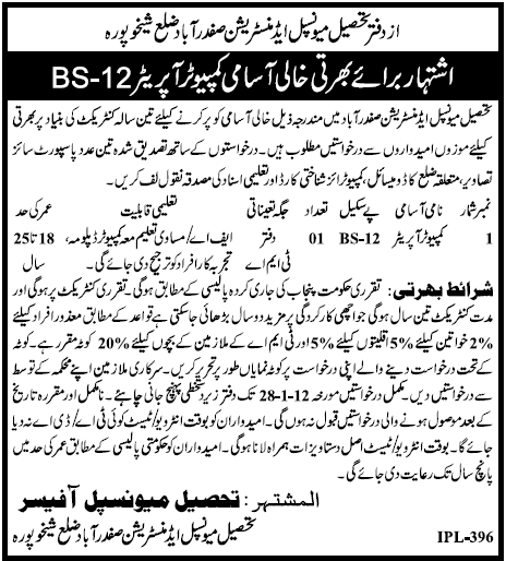 TMA Sheikhupura Required Computer Operator