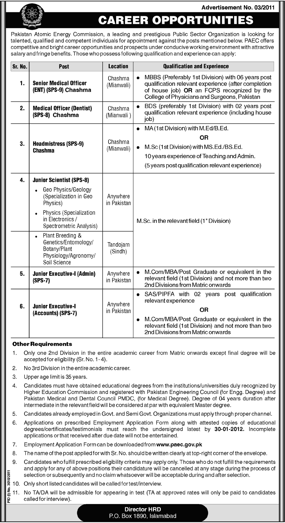 Pakistan Atomic Energy Commission, Jobs Opportunity
