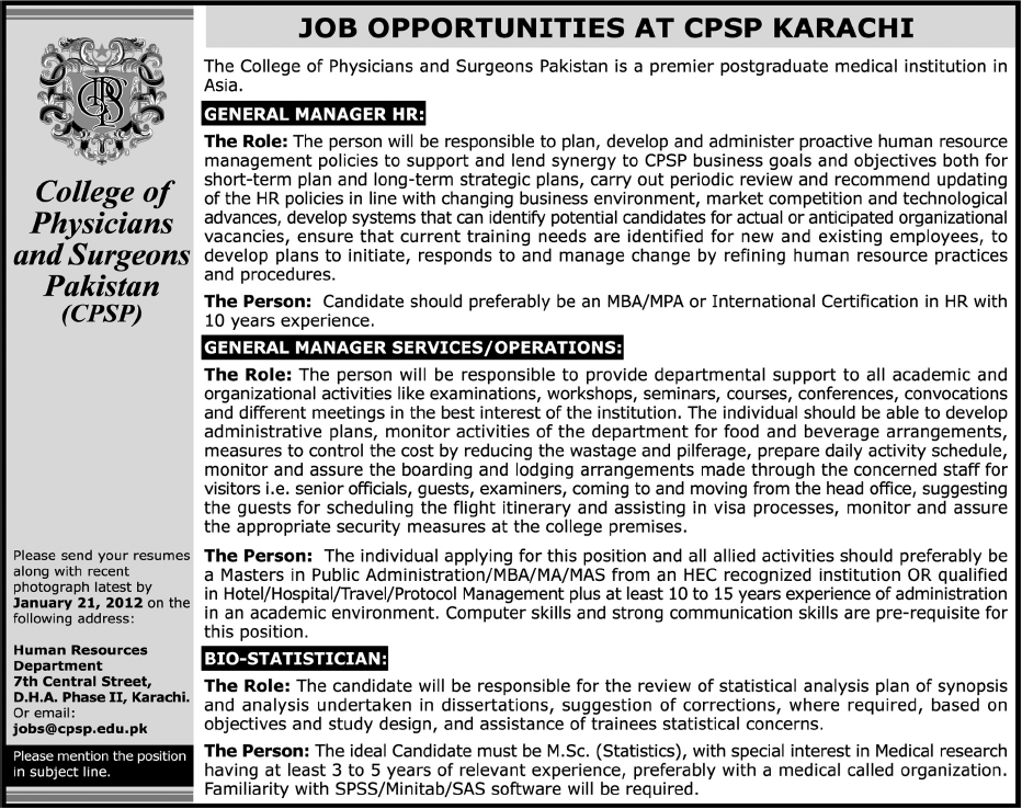 College of Physicians & Surgeons Pakistan Required General Managers & Bio-Statistician