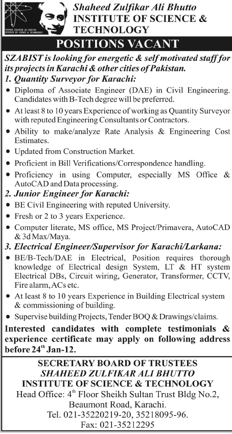 Shaheed Zulfiqar Ali Bhutto Institute of Science & Technology Jobs Opportunity