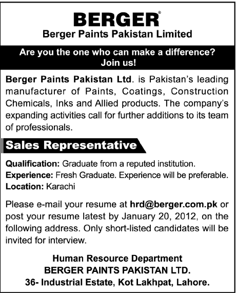 Berger Paints Pakistan Limited Karachi Required Sales Representative