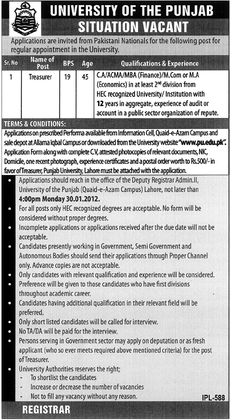 University of the Punjab Required Treasurer