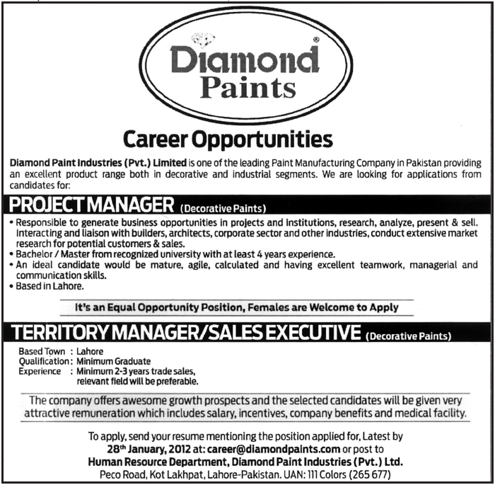 Diamond Paints Required Project Manager and Territory Manager/Sales Executive