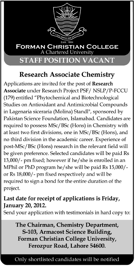 Foreman Christian College Required Research Associate Chemistry