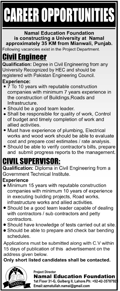 Civil Engineer and Civil Supervisor Required by Namal Education Foundation Mianwali, Punjab