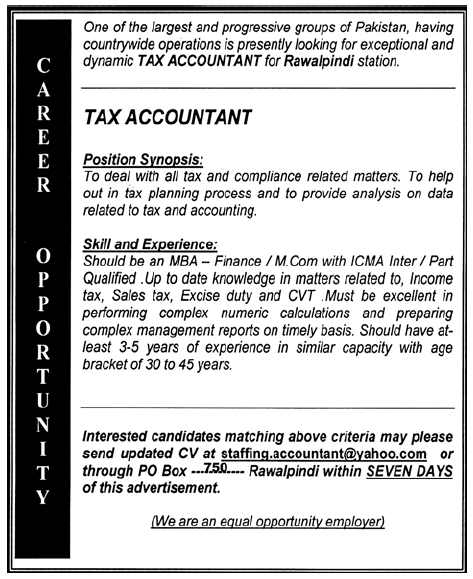 Tax Accountant Required in Rawalpindi