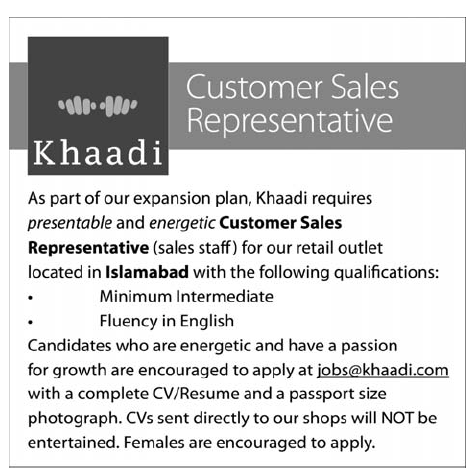 Khaadi Islamabad Required Customer Sales Representative