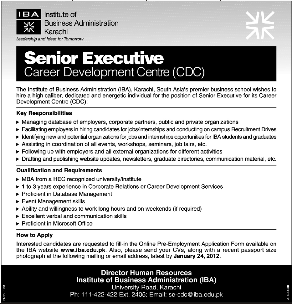 IBA Karachi Required the Services of Senior Executive