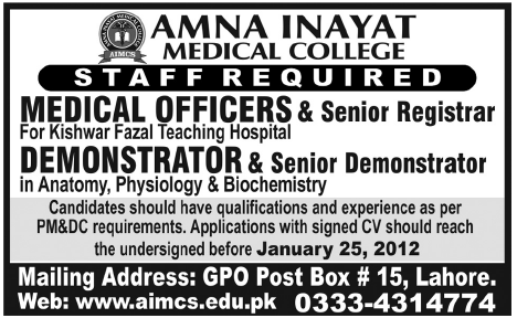 Amna Inayat Medical College Lahore Required Staff