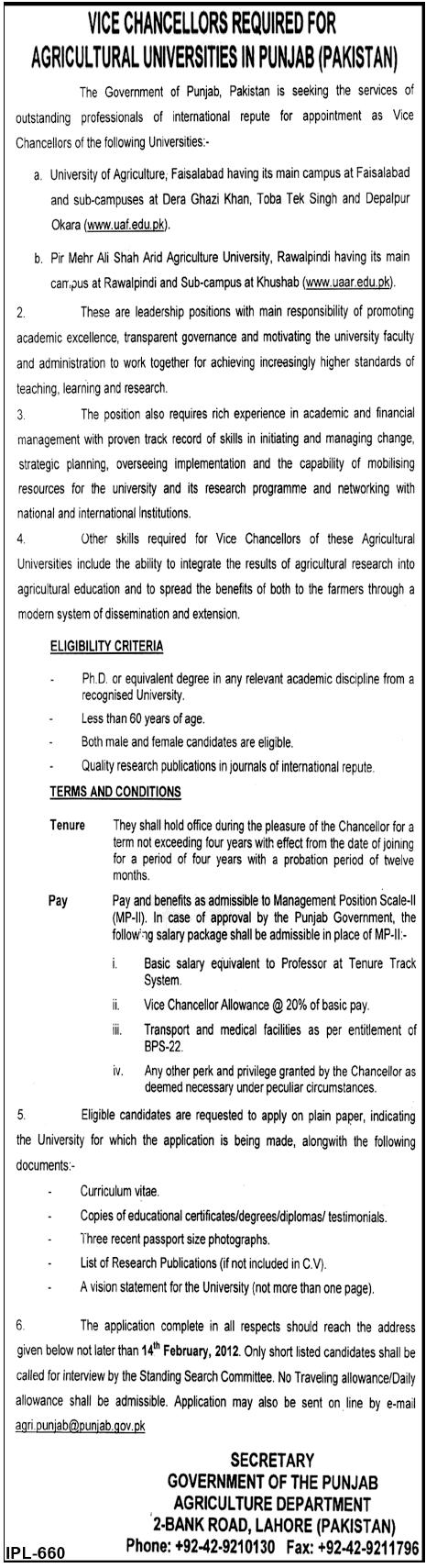 Agricultural Universities in Punjab (Pakistan) Required the Services of Vice Chancellors
