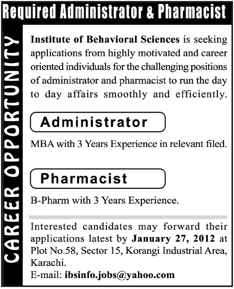 Institute of Behavioral Sciences Required Administrator and Pharmacist