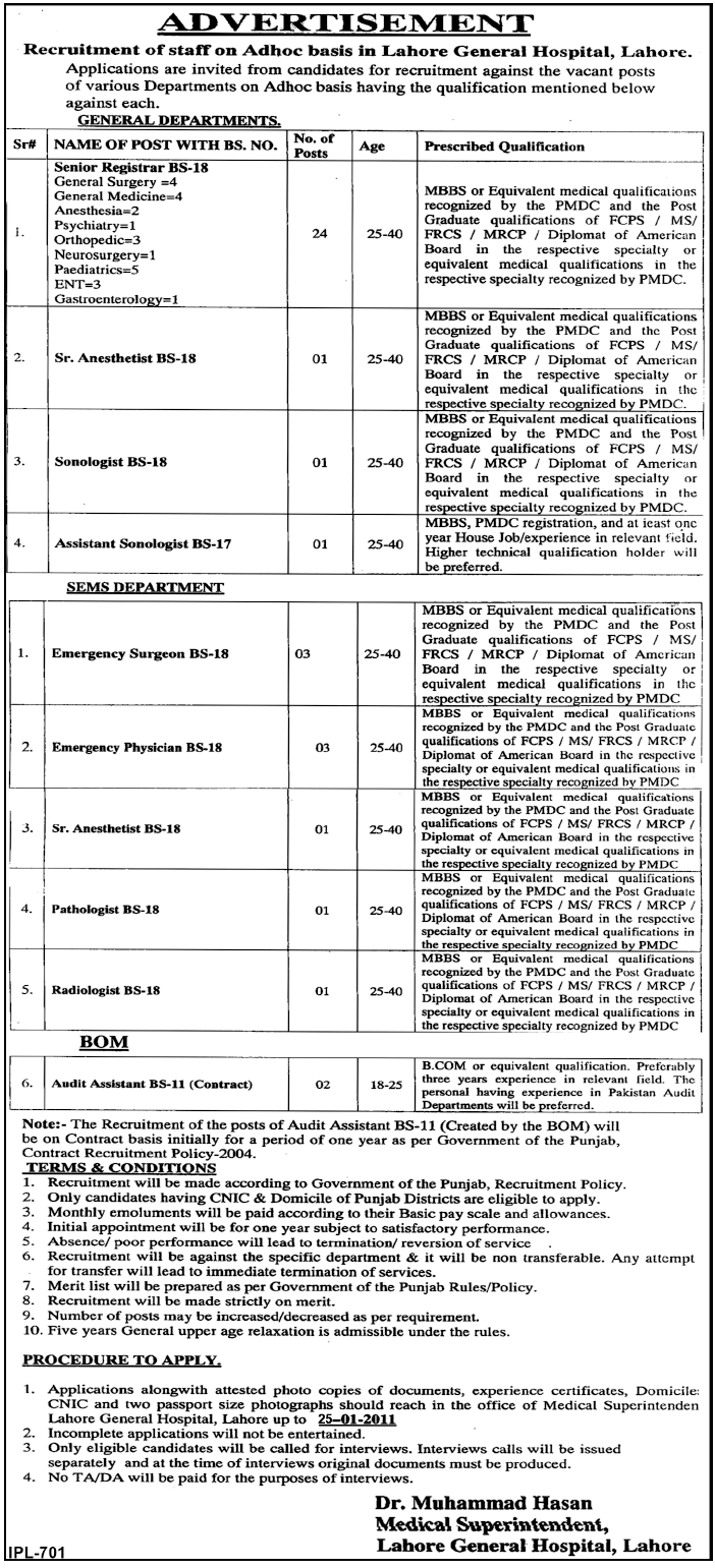 Lahore General Hospital, Lahore Jobs Opportunity