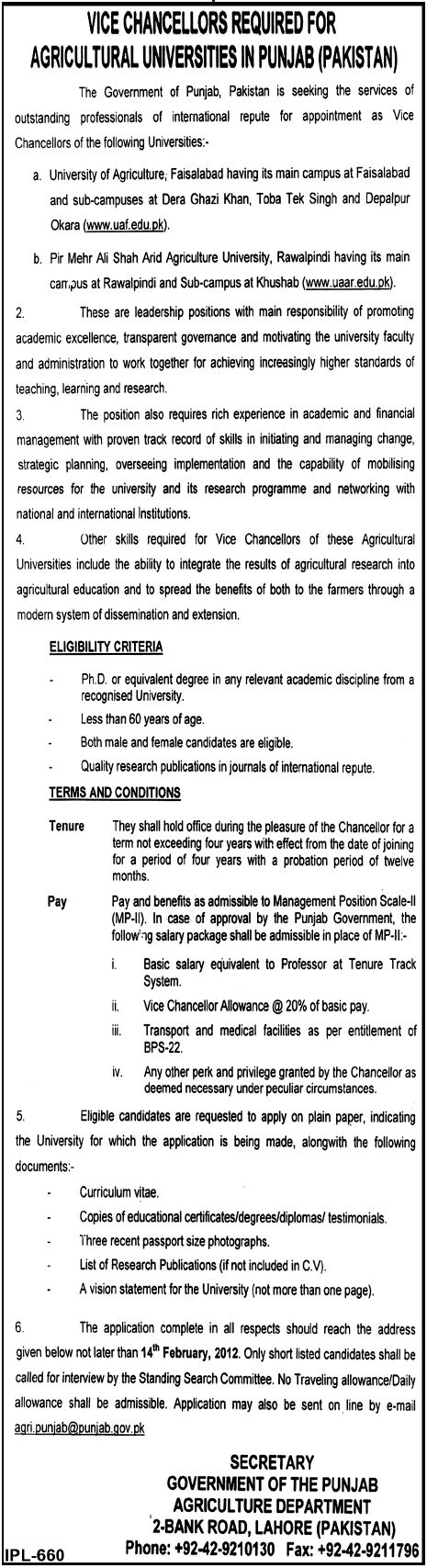 Vice Chancellors Required for Agricultural Universities in Punjab (Pakistan)