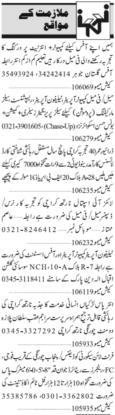 Misc. Jobs in Karachi Jang Classified 2