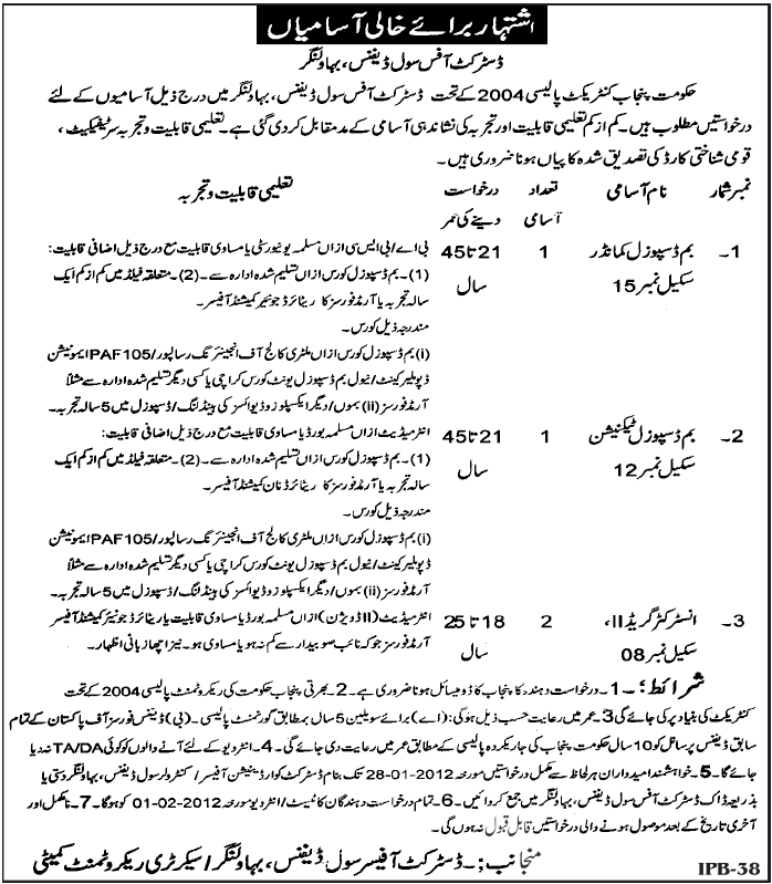 District Office Civil Defence, Bahawalnagar Jobs Opportunity