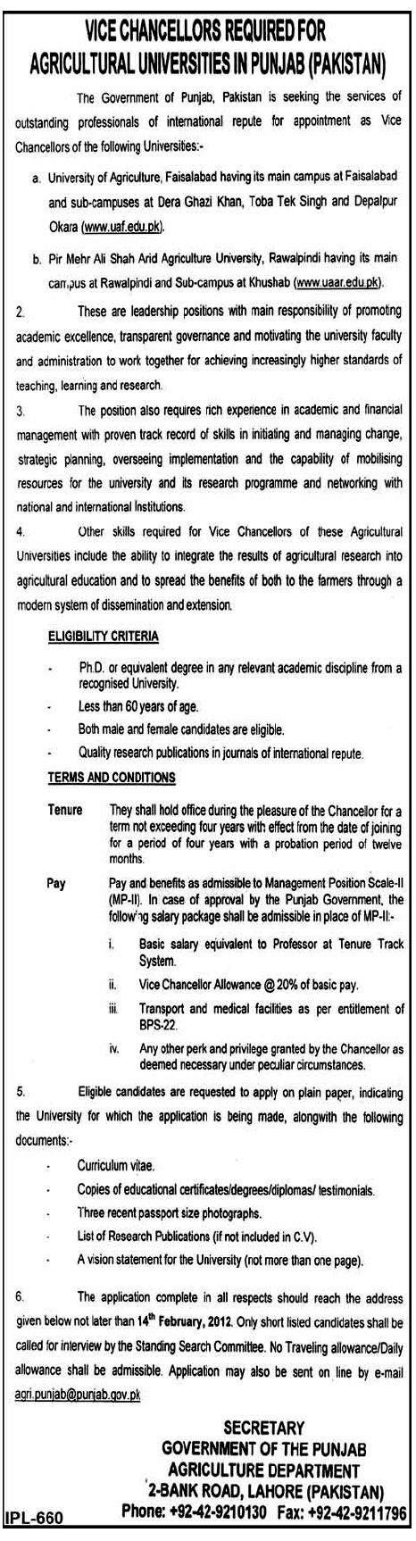 Vice Chancellors Required for Agricultural Universities in Punjab (Pakistan)