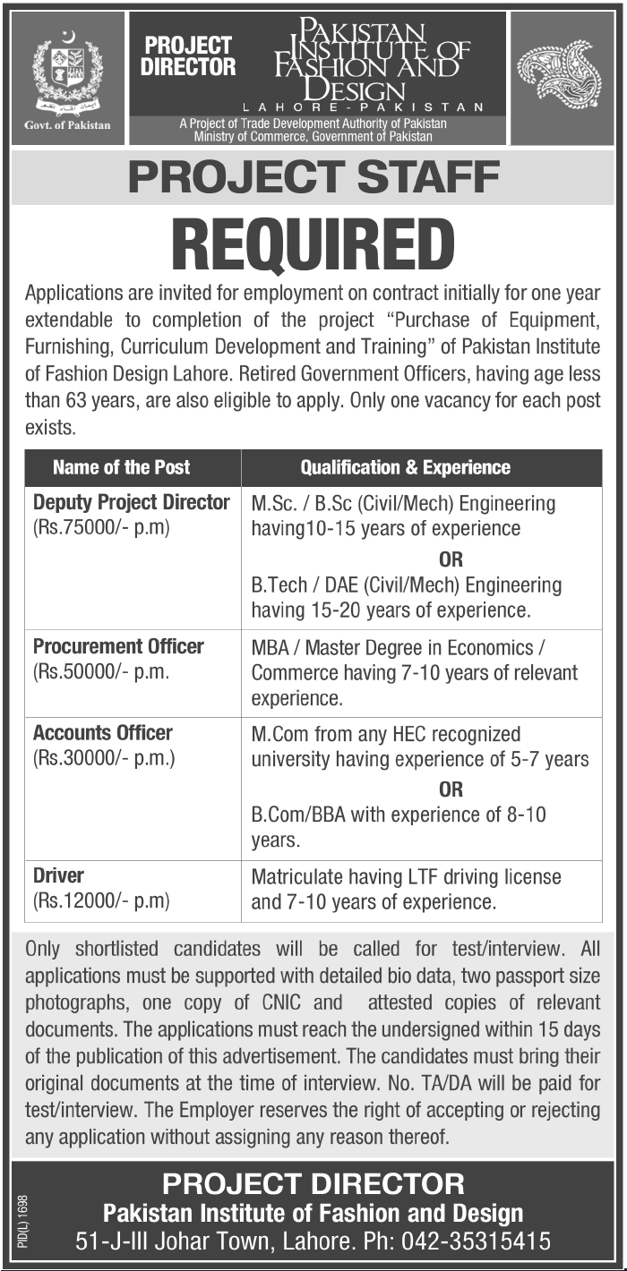 Pakistan Institute of Fashion and Design Lahore Required Project Staff