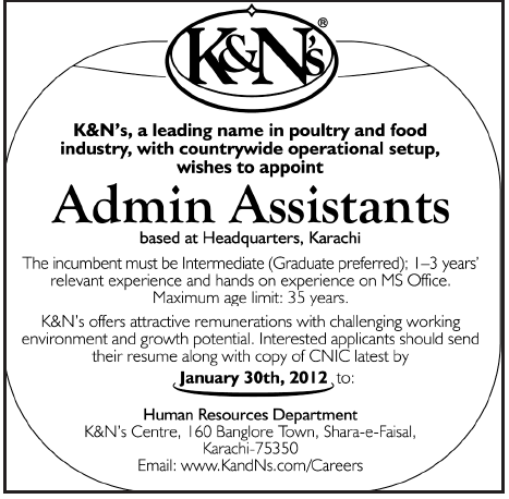 K&N's Required Admin Assistants for Karachi