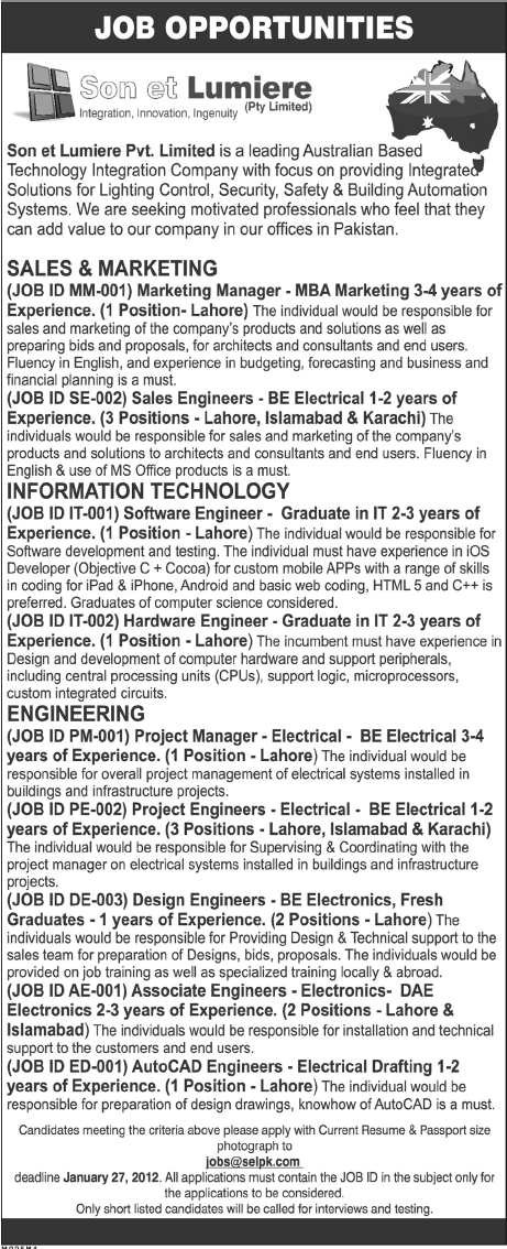 Son et Lumiere Pvt. Limited Jobs Opportunity