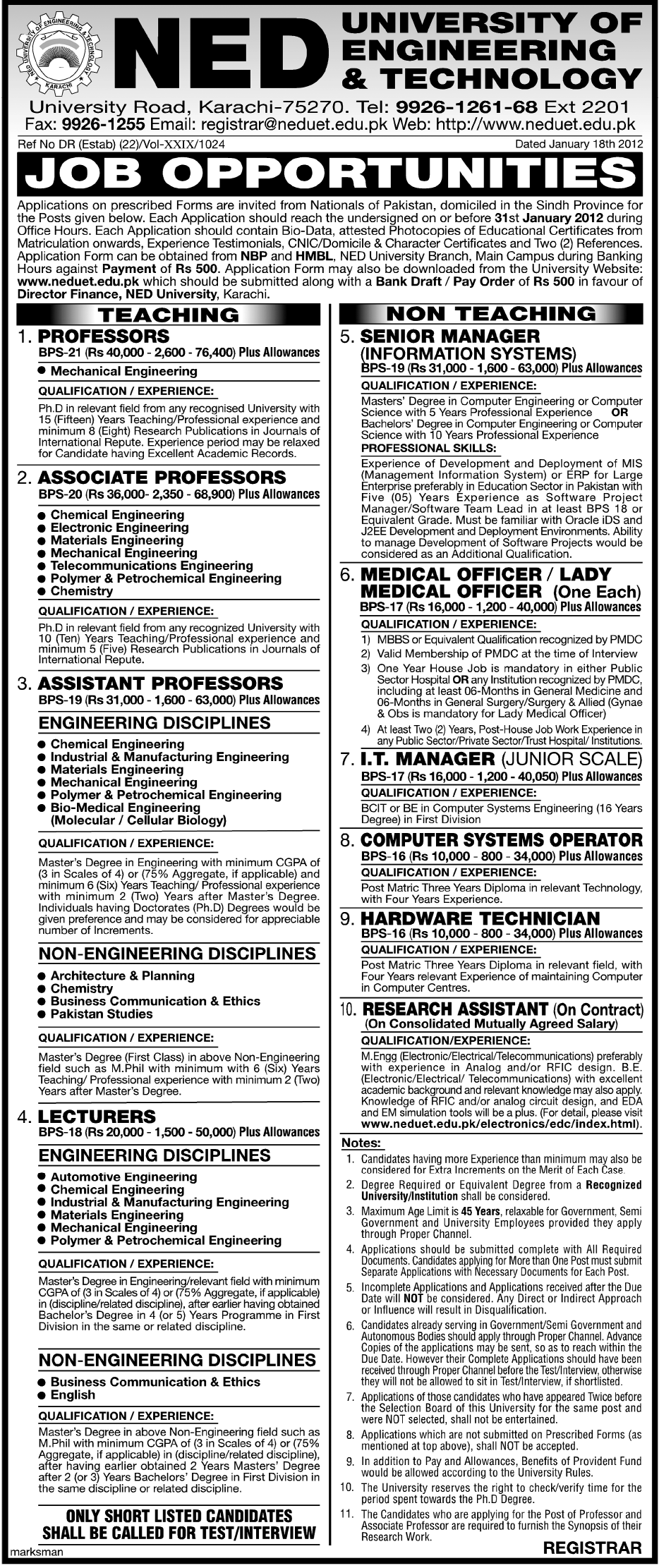NED University of Engineering & Technology Jobs Opportunity